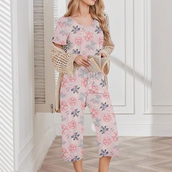 Womens Pajama Set Piece Cotton Pj Short Sleeve Sleepwear Top